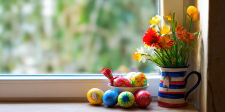 Colorful easter eggs and a bright bouquet of daffodils and marigolds in a vase on a wooden windowsill, festive spring still life celebrating holiday warmth and traditionの素材