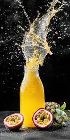 Freshly blended pineapple and passion fruit juice splashing from a glass bottle, representing refreshment, healthy drinks, and tropical flavors on a dark backgroundの素材