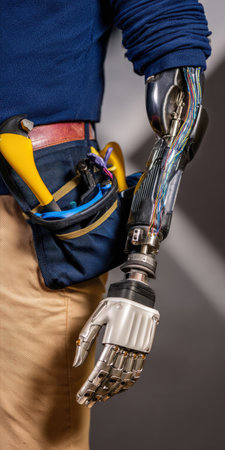 Manual worker with an advanced bionic prosthetic arm and tool belt, close-up showing robotic components and hand tools, highlighting accessibility, rehabilitation and human augmentationの素材