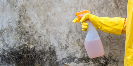 Person wearing protective yellow gloves holding a spray bottle with cleaning solution, treating a deteriorating wall covered in black mold and fungus, addressing a problem of hygiene and maintenanceの素材