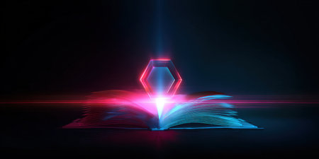 Open book illuminating with a glowing hexagon symbol and vibrant neon lights, symbolizing future knowledge, digital learning, and the magic of abstract technologyの素材