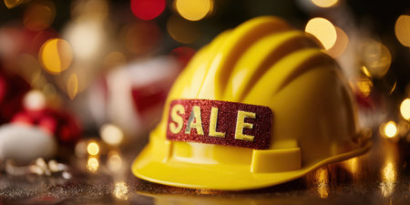 Yellow construction hard hat displaying a prominent red sale sticker. Sitting among out-of-focus christmas decorations and sparkling lights. Symbolizing winter holiday shopping and industry promotionsの素材