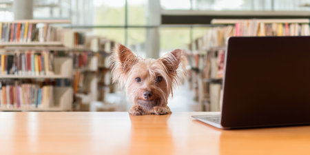 Yorkshire terrier dog's head peering over a wooden table, next to an open laptop, in a bright, blurred library setting with bookshelves in the background, representing learning and cute petsの素材