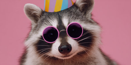 Raccoon wearing a colorful striped party hat and stylish pink sunglasses, posing against a vibrant pink background, embodying a cheerful and humorous celebration on a festive occasionの素材