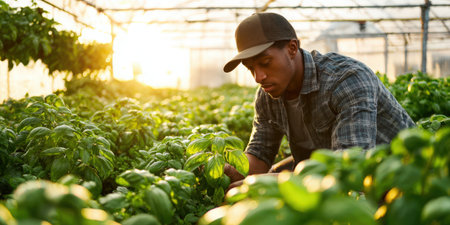 Young man inspecting and picking ripe basil plants, working in a commercial greenhouse, ensuring quality and sustainable agricultural practices with warm evening lightの素材