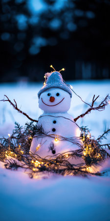 Snowman standing in a snowy winter landscape, wearing a knitted hat and smiling while wrapped in glowing christmas lights, representing festive holiday seasonの素材
