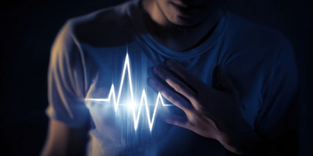 Man clutching chest in pain as a glowing blue ekg line cuts across a dark background, symbolizing heartbeat distress, cardiac emergency, monitoring and medical crisisの素材