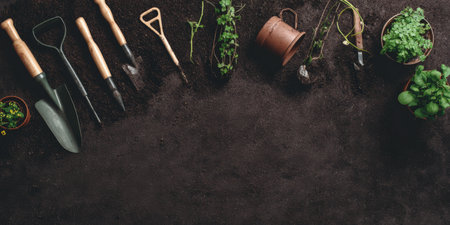 Gardening tools, pots and fresh seedlings arranged on rich dark soil in a flat lay top view, evoking spring planting, home garden preparation and new growth careの素材