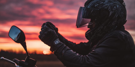 Motorcyclist wearing a helmet and leather jacket, gripping handlebars, finding solitude and adventure against a dramatic red and orange sky during an evening ride, symbolizing travel and escapeの素材