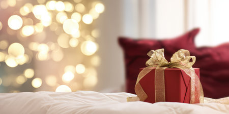 Red gift box with a golden ribbon and bow resting on white bedding, creating a cozy and festive atmosphere for a special holiday or birthday celebration with warm bokeh lights in the backgroundの素材