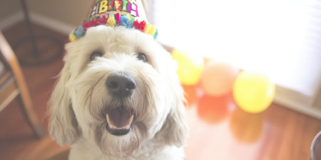 Goldendoodle dog wearing a colorful birthday party hat and looking up with a happy expression, celebrating an animal birthday with balloons in the backgroundの素材