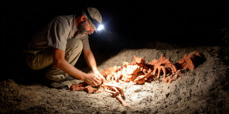 Archaeologist kneeling, carefully excavating a large animal skeleton or fossil from sandy ground at night, wearing a headlamp illuminating the discovery and surrounding dark areaの素材