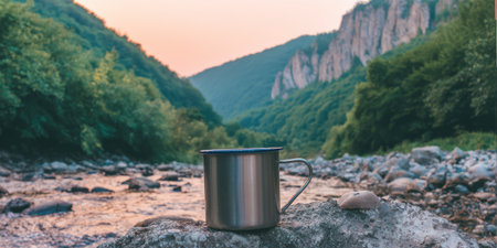 Metal camping mug sitting on a rock by a tranquil river, surrounded by lush green mountains and a clear sky at sunset, conveying a sense of adventure, outdoor leisure, and peaceful nature travelの素材