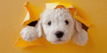 White fluffy puppy peeking through a torn yellow paper background, curious and playful expression conveying surprise, joy, and the excitement of new beginningsの素材