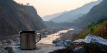Camp mug resting on rough rocks, overlooking a misty mountain valley with a river winding through the landscape at dawn, creating a serene outdoor experienceの素材