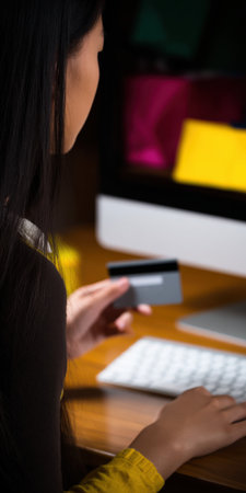 Woman holding a credit card while typing on a keyboard, making an online purchase or payment using a desktop computer, focusing on e-commerce transactionの素材