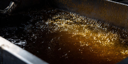Hot golden cooking oil bubbling vigorously in a commercial deep fryer, close-up of sizzling surface bubbles and steam ready for frying crispy restaurant or fast-food itemsの素材