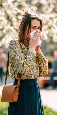 Young woman suffering from spring allergies blowing nose with a tissue outdoors in a park, experiencing hay fever symptoms with pollen blooming in springtimeの素材