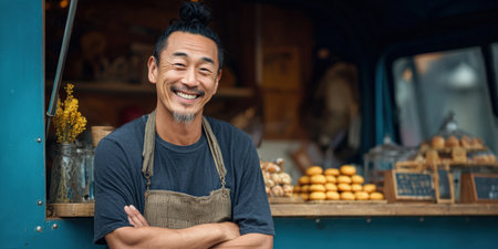 Asian man entrepreneur with arms crossed, smiling confidently in front of his food truck, representing small business ownership, pride, and success in the food service industryの素材