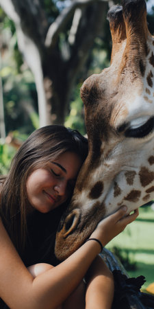 Young woman closing eyes, smiling while warmly embracing a giraffe, head leaning against its neck, symbolizing a strong bond of friendship and tender connection between human and animalの素材