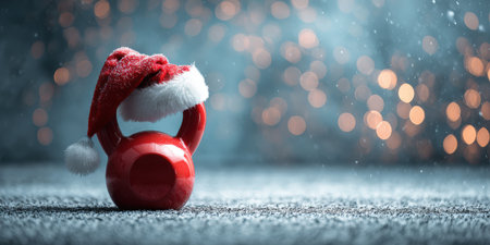 Red fitness kettlebell wearing a festive santa hat, standing on a snow-covered ground with a bokeh light background, depicting the concept of holiday fitness and winter workoutsの素材