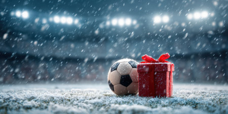 Football and a red gift box resting on a snow-covered grass field inside a stadium, with bright stadium lights illuminating falling snow during a wintry holiday seasonの素材
