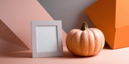 Orange pumpkin and blank white photo frame standing on a pastel pink surface with abstract geometric shapes creating a modern and autumnal still life display, offering space for designの素材