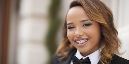 Young woman smiling, wearing a black tuxedo jacket with a bow tie and white shirt, confidently showing her metal dental braces, representing youth, dental care, and formal eventsの素材