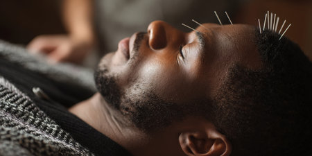 Man lying peacefully while undergoing an acupuncture treatment session, focusing on alternative medicine, holistic health, and natural pain relief for relaxation and well-beingの素材