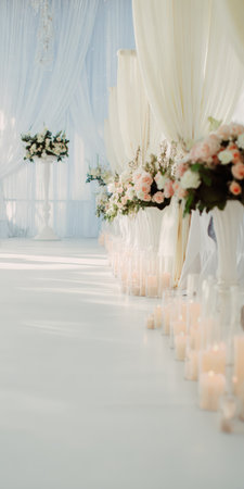 Elegant wedding hall aisle featuring white and blush floral arrangements on tall vases, complemented by numerous glowing candles in glass holders, creating a romantic ambiance for a special ceremonyの素材