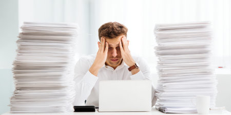 Young businessman sitting at office desk with hands on head, feeling overwhelmed and frustrated by the large piles of paperwork and demanding deadlinesの素材