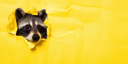 Raccoon head emerging from a ripped hole in bright yellow paper, showing curiosity and surprise while looking directly at the viewer with its distinctive mask-like markingsの素材