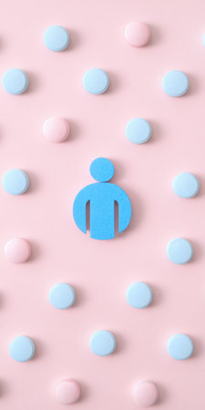 Blue person icon standing alone in the center, surrounded by an array of pink and blue round pills arranged in a pattern on a light pink background, representing individuality and health conceptsの素材