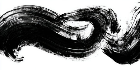 Black paint brushstroke creating a dynamic and abstract flowing wave pattern, illustrating artistic movement and grunge texture against a clean white backgroundの素材
