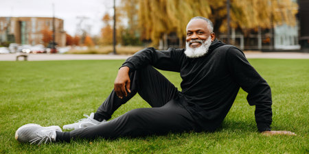 Senior black man with a white beard smiling and looking at the camera, wearing athletic clothes, sitting comfortably on green grass in a public park, enjoying an active outdoor lifestyleの素材