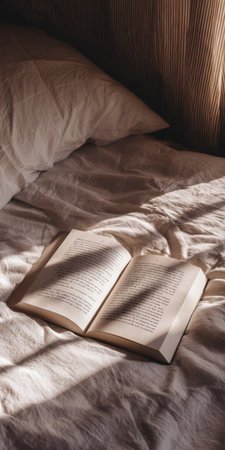 Open book on crumpled cream bedding bathed in warm morning sunlight, casting soft shadows and evoking cozy, tranquil moments of reading, relaxation, and calm routineの素材