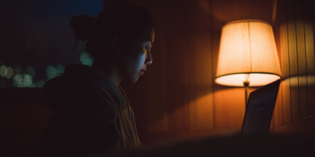 Young woman in hoodie working on laptop at night, blue screen glow on her profile, cozy lamp and bokeh lights in background conveying focused remote study or work ambianceの素材