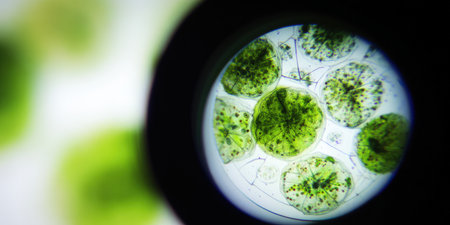 Green algae cells viewed through a microscope eyepiece, highlighting vibrant cellular patterns, magnified structures and scientific research in microbiology, ecology and laboratory studyの素材