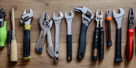 Collection of diverse hand tools including wrenches, pliers, and screwdrivers, arranged neatly on a light wood surface, representing concepts of diy, repair, and professional workの素材