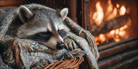 Raccoon resting peacefully wrapped in a warm knitted blanket, finding comfort and coziness by the flickering flames of a fireplace during a cold winter dayの素材