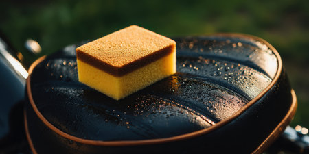 Sponge resting on a wet black leather motorcycle seat with water drops and foam, close-up detail evoking vehicle care, cleaning, detailing and outdoor maintenanceの素材