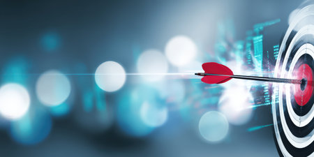 Arrow piercing the center of a target, symbolizing precision, successful strategy, and achieving business objectives amidst a blur of digital data and glowing bokeh lightsの素材