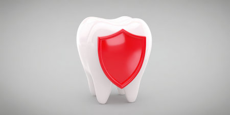 Tooth model with a red shield guarding enamel, symbolizing dental protection, oral hygiene and strong healthy teeth against decay and damage in a modern minimal 3d conceptの素材
