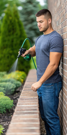 Man tending a lush residential garden, watering green shrubs along a brick wall with a hose and nozzle, enjoying relaxed yard care and focused outdoor maintenance on a sunny dayの素材