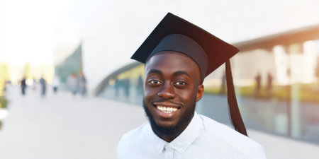 Young african american man in graduation cap and gown smiling confidently at camera on a modern college campus, celebrating academic achievement and future successの素材