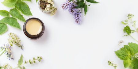 Natural cosmetic cream in an amber jar displaying fresh green leaves, blossoming flowers, and dried herbs, representing organic skincare and herbal beauty concepts on a white backdropの素材