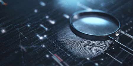 Magnifying glass inspecting a glowing digital fingerprint on a dark circuit board, symbolizing cybersecurity investigation, biometric identification, data protection and digital forensicsの素材