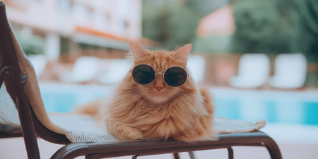 Fluffy ginger cat in round sunglasses lounging on a poolside chair, sunbathing and chilling in cool style during a lazy summer day, playful and relaxed pet portraitの素材
