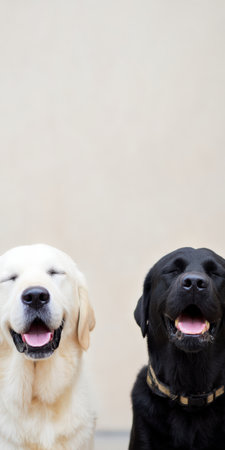 Two cheerful dogs, an adorable golden retriever and a friendly black labrador, sitting together with closed eyes and wide smiles, portraying pure happiness and friendshipの素材