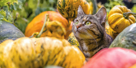 Tabby cat with bright green eyes curiously peeking among a vibrant display of various pumpkins and gourds, capturing the essence of fall harvest, nature, and pet companionshipの素材